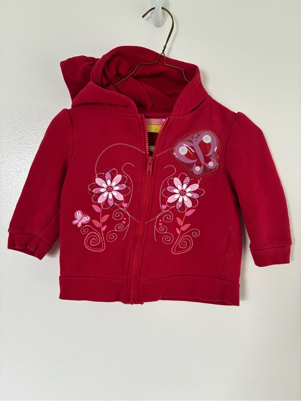Lite Wear Deep Red Girls' Hooded Zip Sweatshirt with Floral & Butterfly Design